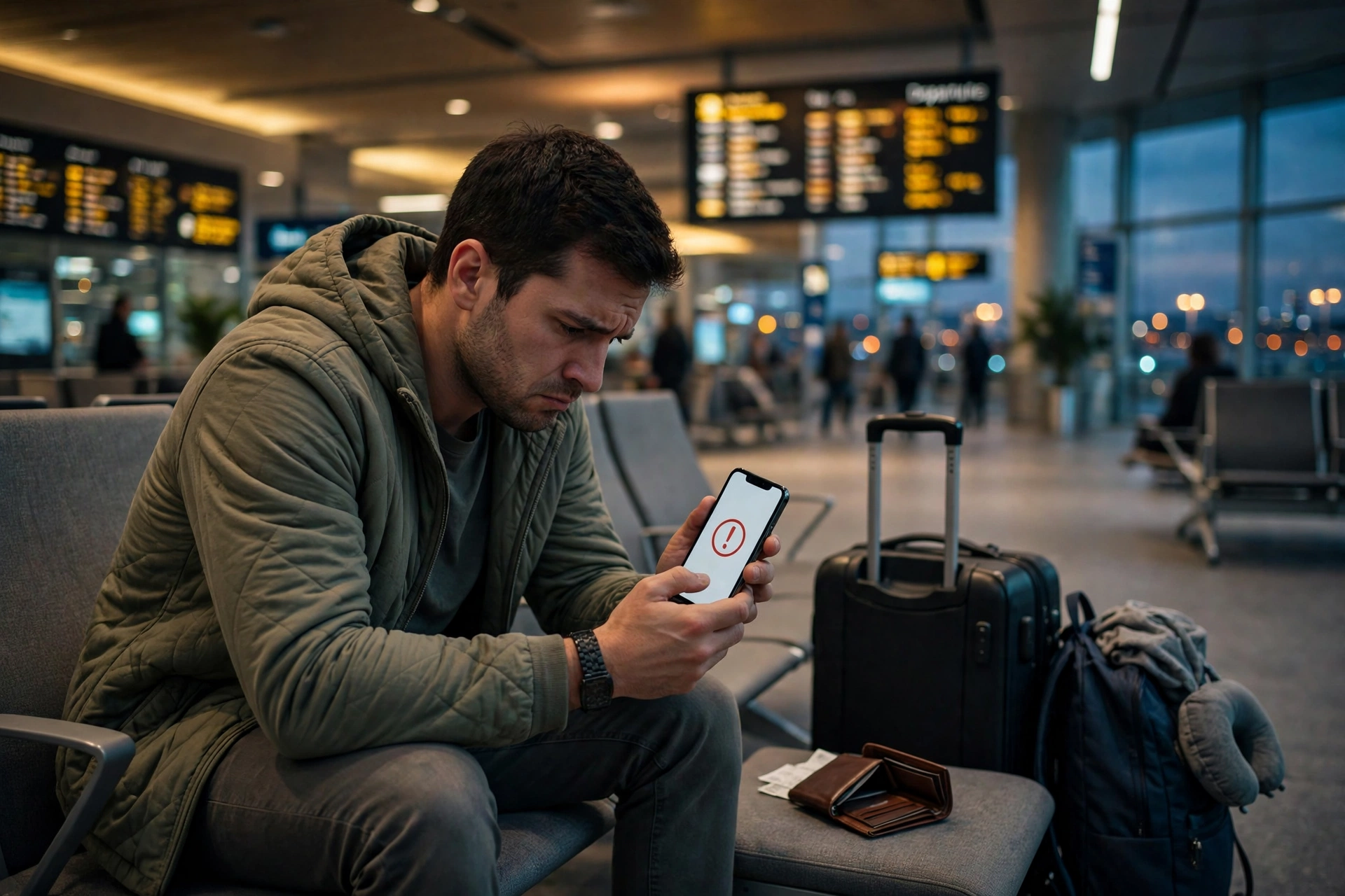 Xe Money Transfer account closed — a traveller stranded at an airport, staring at a warning on his phone with an empty wallet beside him